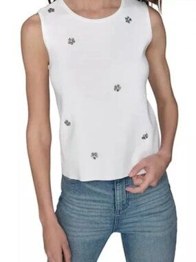 KARL LAGERFELD PARIS Floral Embellished Sleeveless Sweater/Top White NWT